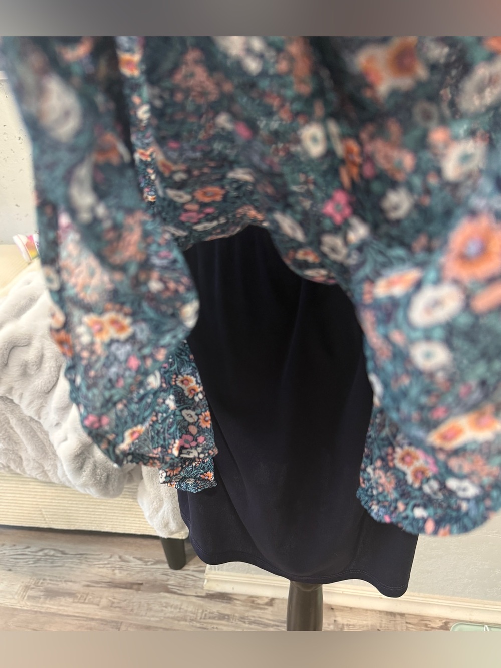 As U Wish Floral Smocked Mini Dress Size M | Blue Teal Floral Long Sleeve Lined - Picture 9 of 11